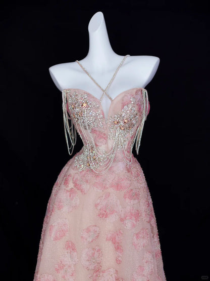 Romantic A line Halter Pink Sequined With Beaded Formal Dress Long Prom Dresses N2826