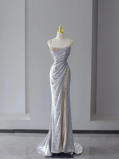Sparkly Prom Dresses Mermaid Spaghetti Strap Silver Gray Sequined With Beading Slit Long Formal Gown N2922