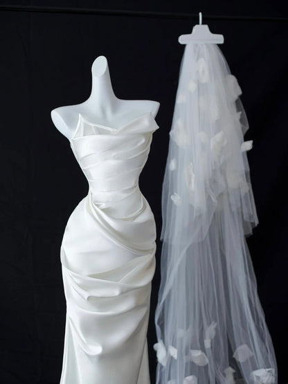 Simple Wedding Dresses Mermaid Strapless White Satin With Ruffle Long Bridal Gown N2952