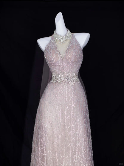 Elegant A Line Halter Blush Pink With Beading Formal Dress Sequin Birthday Prom Dresses N2829