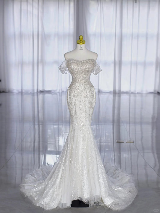 Modest Wedding Dresses Mermaid Off The Shoulder Sequin With Beading Long Brides Gown N2997
