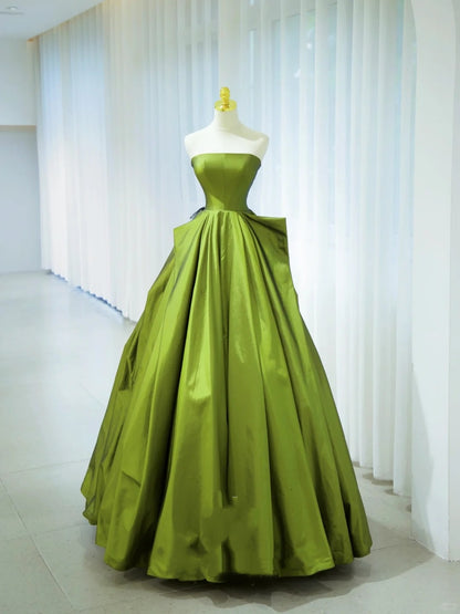 Elegant Ball Gown Strapless Green Satin Long Formal Dress 18th Birthday Prom Dresses N2846