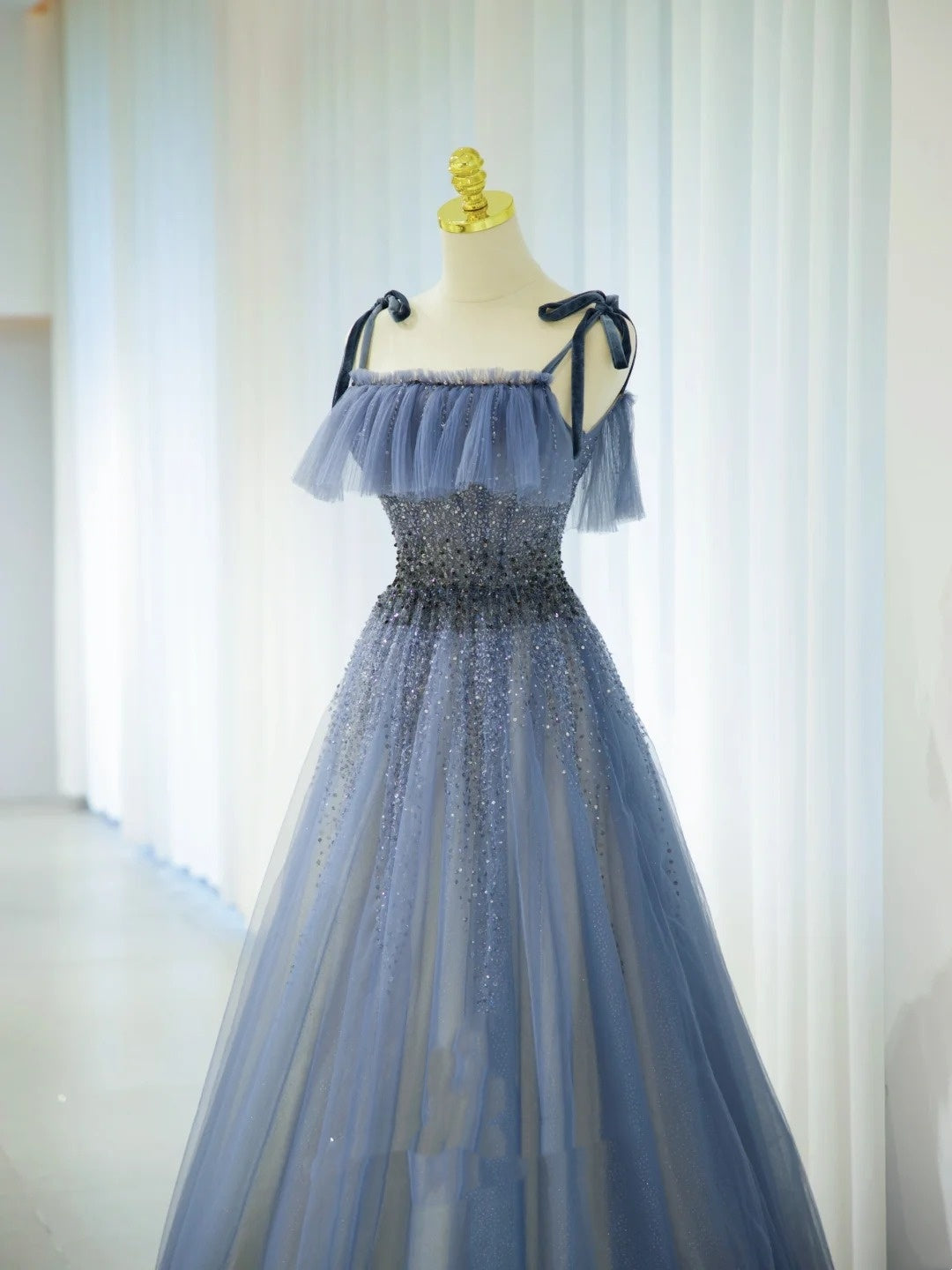 Romantic A Line Spaghetti Strap Dusty Blue Grey With Beading Formal Dress Long Prom Dresses N2856