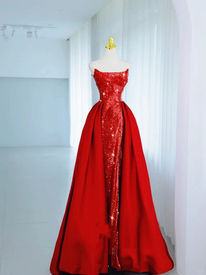 Vintage Mermaid Strapless Red Sequin With Train Floor Length Prom Dress Inspiration Long Sequin Prom Dresses A050