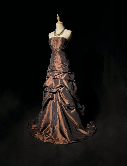 Vintage Prom Dresses Aesthetic 1950s Retro Ball Gown Strapless Chocolate Long Evening Dress N2322