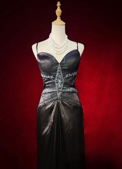 Black Prom Dress Inspo Mermaid Spaghetti Straps Satin With Beaded Backless Birthday Outfits Formal Party Gown RC0122
