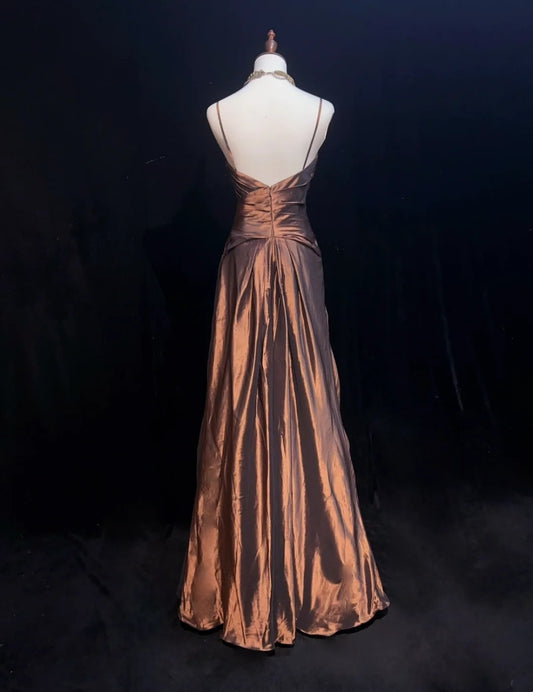 Vintage Prom Dresses Mermaid Spaghetti Strap Brown Satin 80s Long Formal Evening Outfits N3876