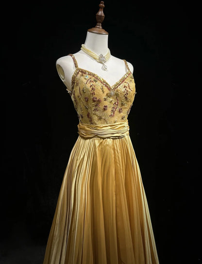 Vintage Prom Dresses A Line Spaghetti Strap Gold Satin With Ruffles Beading Long Formal Dress N2501