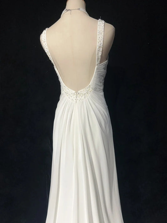 Simple White Prom Dresses A line V Neck Chiffon Sleeveless With Beaded Semi Formal Evening Dress N3820