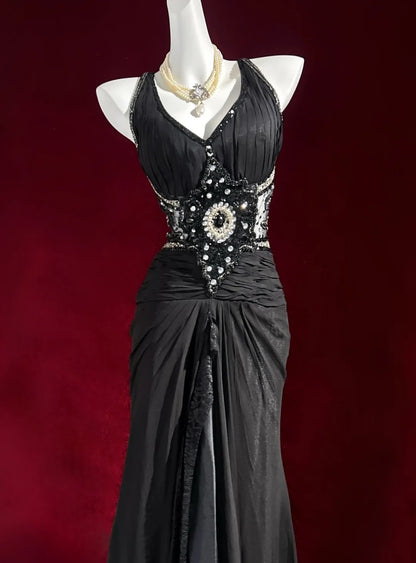 Vintage Prom Dresses Mermaid Halter Black Tulle Long 80s Party Evening Formal Gown RC1147