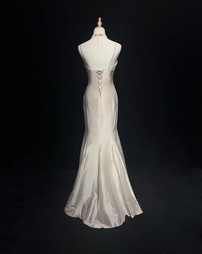 Vintage Prom Dresses Mermaid Spaghetti Strap Silver Taffeta With Beading 90s Long Formal Gown N2892