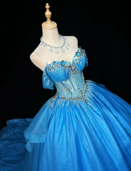 Princess Ball Gown Off The Shoulder Blue Tulle With Appliqued Lace Sweet 16 Dresses Quinceanera Dress RB3289