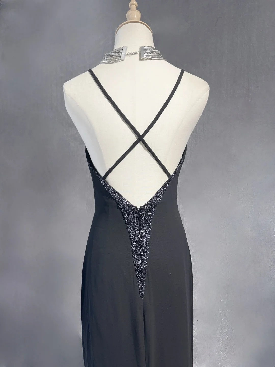 Vintage Prom Dresses Mermaid Spaghetti Strap Black Tie Dress Chiffon 70s With Beading Backless Long Formal Gown N2520
