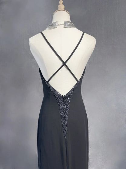 Vintage Prom Dresses Mermaid Spaghetti Strap Black Tie Dress Chiffon 70s With Beading Backless Long Formal Gown N2520