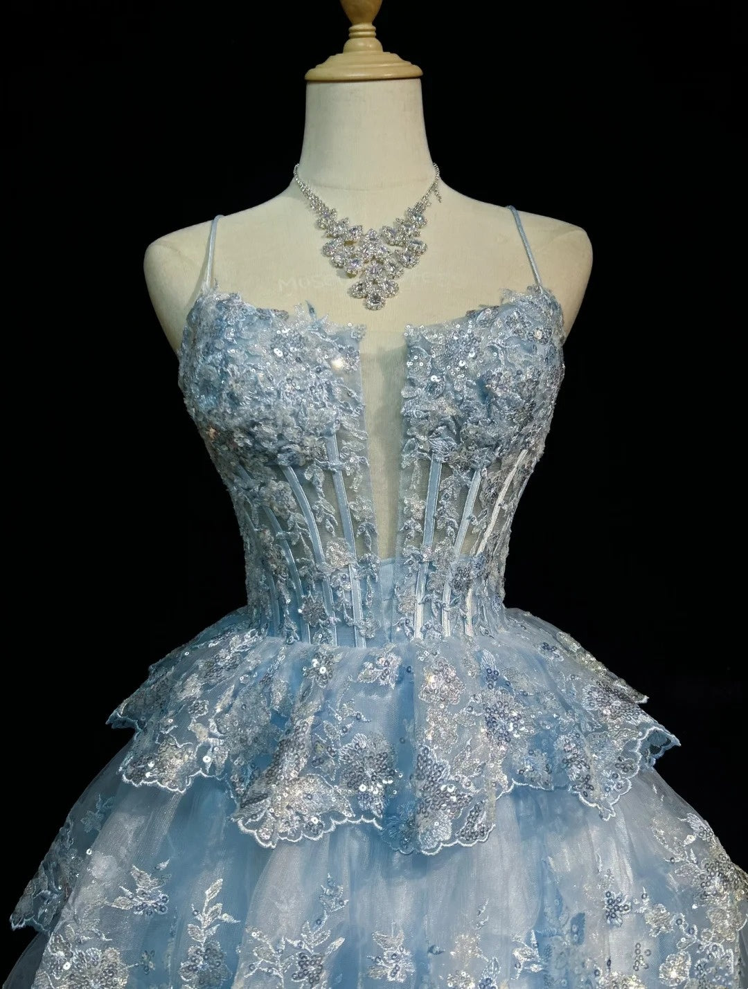 Vintage Hoco Dress Ball Gown Spaghetti Straps Light Blue Lace Short Homecoming Party Dress RC0084
