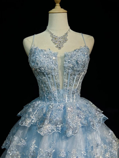 Vintage Hoco Dress Ball Gown Spaghetti Straps Light Blue Lace Short Homecoming Party Dress RC0084