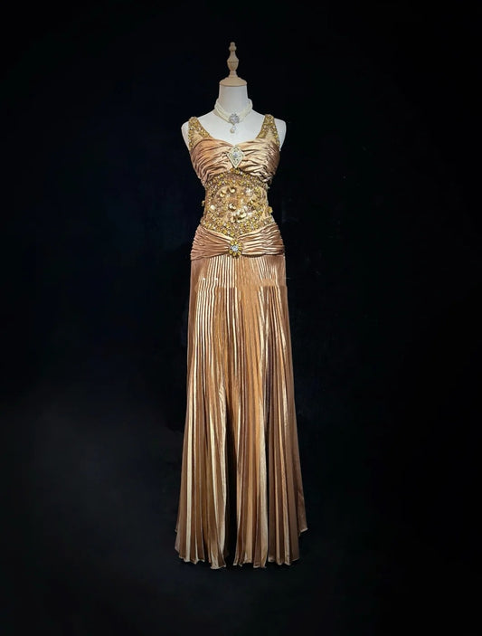 Vintage Prom Dresses Inspo A line V Neck With Gold Ruffled Beading For Women Formal Dress N3235