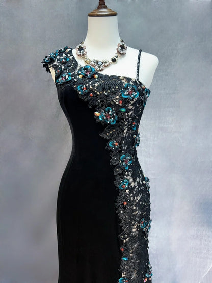 Vintage Prom Dresses Mermaid One Shoulder Black Velvet Sequin With Split Long 70s Formal Gown N2579