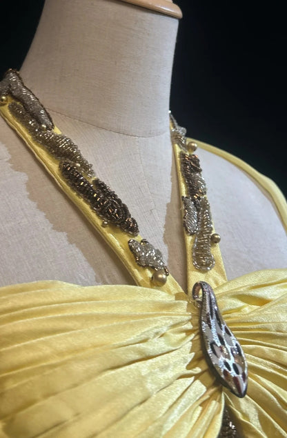 Vintage Prom Dresses A Line Halter Yellow 70s With Beading Chiffon Long Formal Party Dress N2526