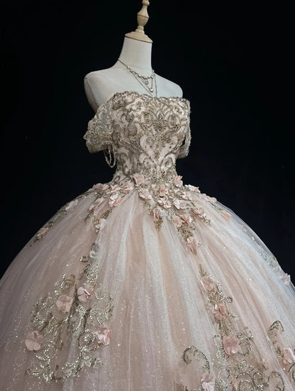 Princess Lace Square Neck Blush Pink Sweet 16 Dress Ball Gown Sleeveless Sweet Sixteen Dress RC0078