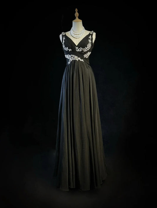 Vintage Prom Dresses A line V Neck Black Tie Chiffon 80s With Beading Long Formal Evening Outfits N4221