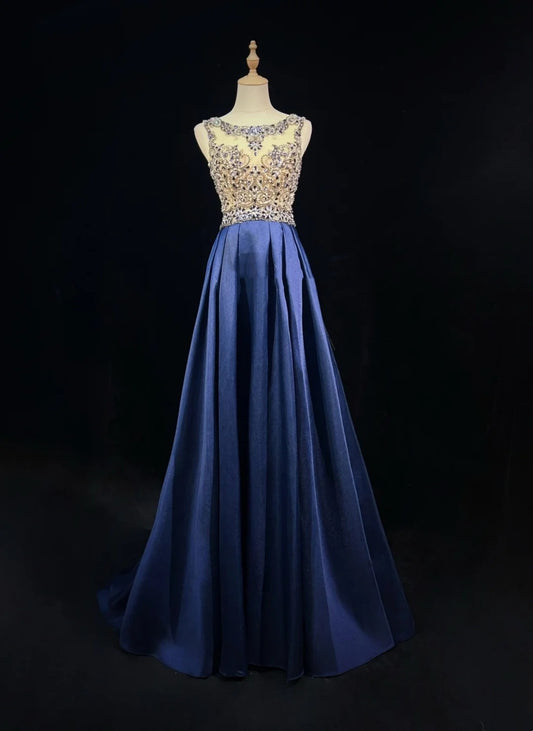Vintage Prom Dresses A line Scoop Navy Blue Satin 80s With Beading Long Formal Evening Outfits N4220