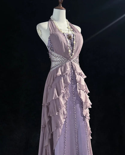 Vintage Prom Dresses A line Halter Lilac Chiffon With Ruffles Beading Long Formal Dress N2465