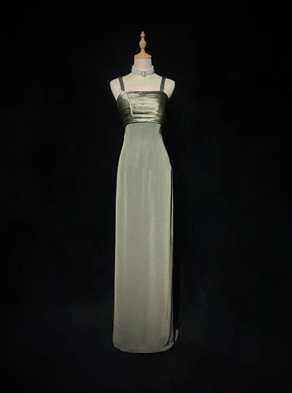 Vintage Prom Dresses A Line Spaghetti Strap Green Satin With Beading Long Formal Dress N2503