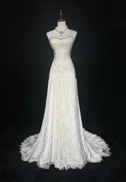 Unique Wedding Dresses Mermaid Spaghetti Strap Lace White Long Bridal Gown N3096