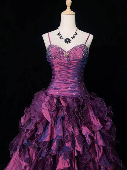 Vintage Prom Dresses Inspo Ball Gown Spaghetti Strap Purple Tulle Tiered Layers 80s With Beaded Formal Gowns N3357