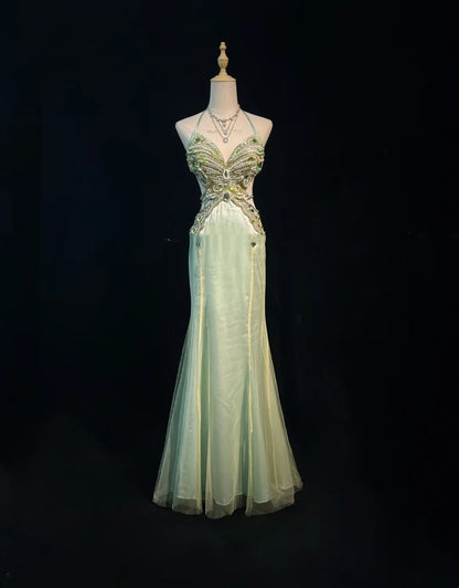 Elegant Chic Prom Dresses Mermaid Halter Green Satin Backless Sleeveless With Beading Semi Formal Evening Gowns N3799