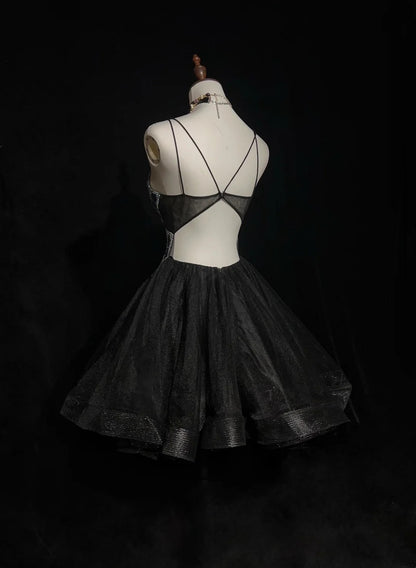 Pretty Ball Gown Spaghetti Strap Little Black Tulle Short Mini Homecoming Dresses Hoco Gowns N2628