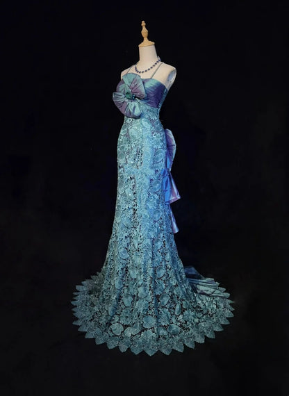 Vintage Prom Dresses Mermaid Spaghetti Strap Lace With Bow-knot 90s Long Formal Gown N2893