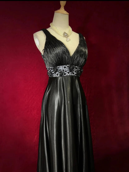 Vintage Prom Dresses A line Empire Black Satin With Beading 1980s Long Formal Gown N2624