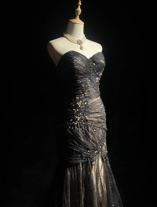 Charming Prom Dresses Mermaid Sweetheart Tulle Black Tie Dress With Beaded Long Formal Evening Outfits N3701
