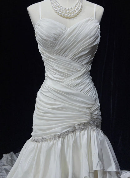 Unique Wedding Dresses Mermaid Spaghetti Strap Beach Boho Satin With Tiered Layers White Long Bridal Gown N3612