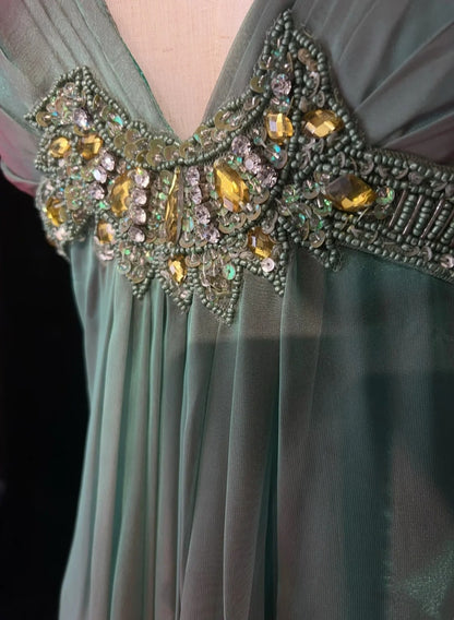 Vintage Prom Dresses A line Sweetheart With Straps Green Chiffon Sleeveless 1990s Long Formal Evening Gown N2634