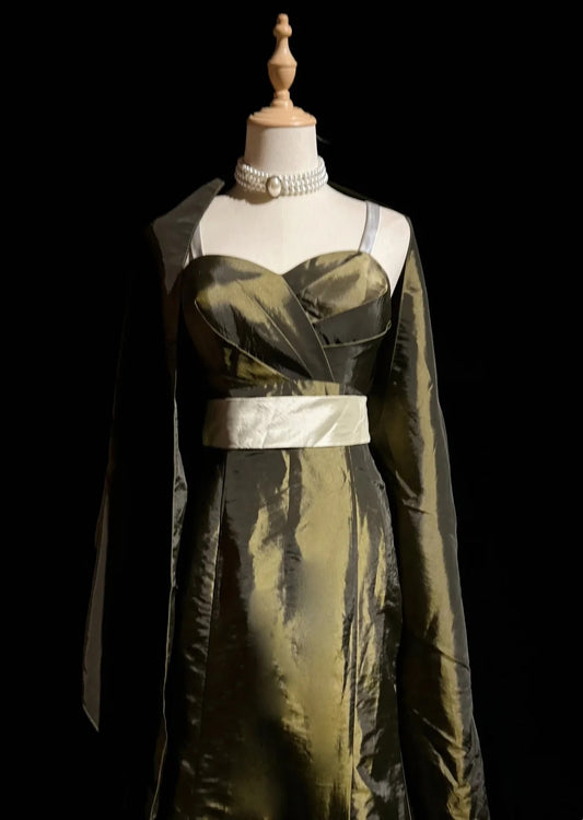 Vintage Prom Dresses Inspo Mermaid Spapghetti Strap Olive Green Long 1990s With Cape Formal Gowns N3327