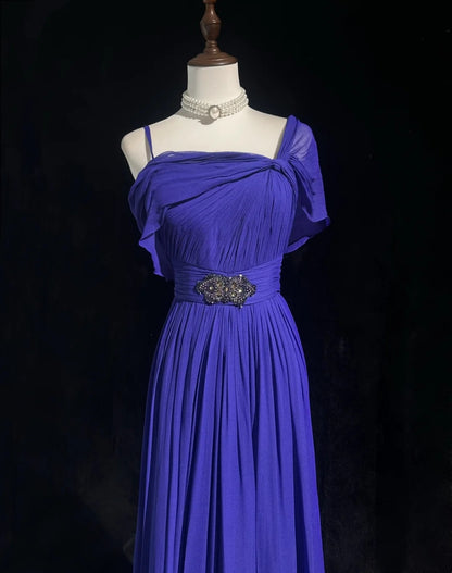 Vintage Prom Dresses A line Spaghetti Strap Royal Blue 90s With Ruffles Beading Long Formal Party Dress N2506