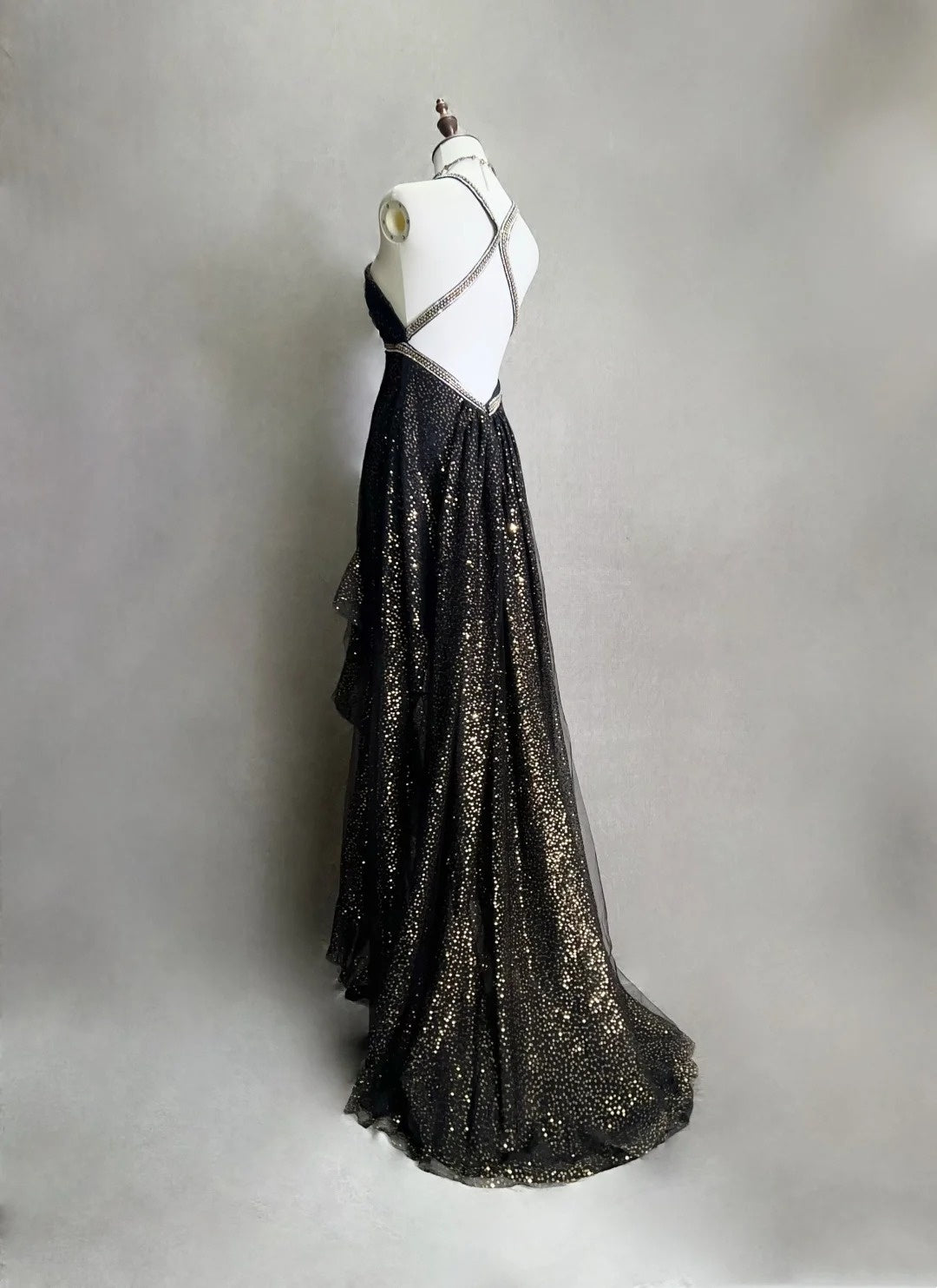 Vintage Prom Dresses Mermaid Halter Black Sequin 70s With Beading Backless Long Formal Dress N2518