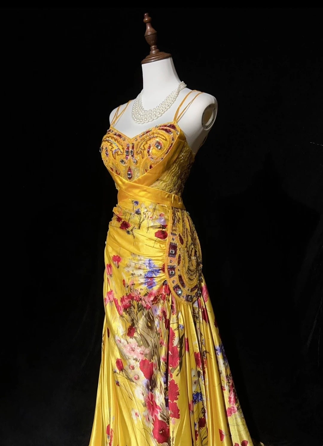 Yellow Prom Dress Inspo Mermaid Spaghetti Straps Floral Satin Long Formal Party Gown RC0097