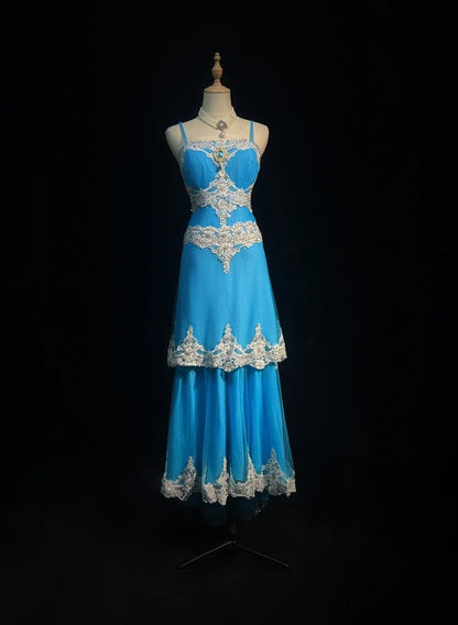 Vintage Prom Dresses A line Spaghetti Strap Blue Tulle Lace 1980s Mid Length Formal Evening Gown N2627