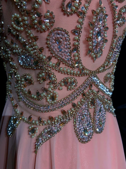 Modest Prom Dresses A line Halter Pink Chiffon With Beading Long Evening Outfits N3464