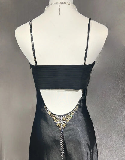 Timeless Prom Dresses A Line Spaghetti Strap Black Tea Length With Beading Evening Outfits N3250