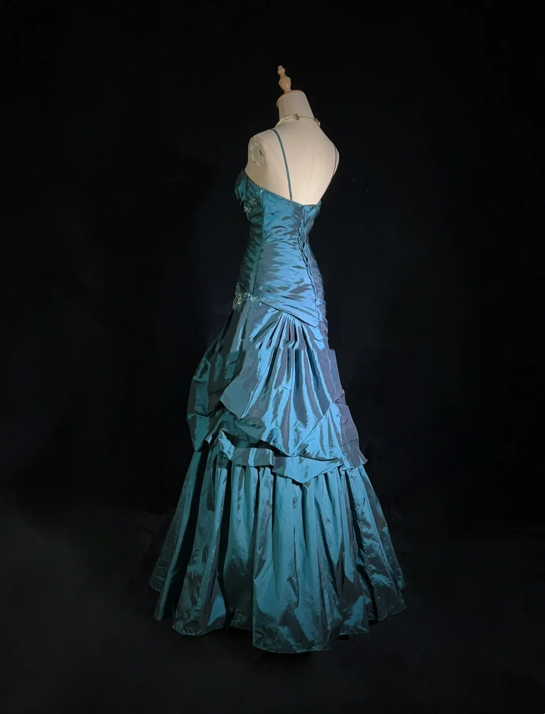 Vintage Prom Dresses Ball Gown Spaghetti Strap Teal Blue Sleeveless Taffeta 90s Long Formal Gown N2893