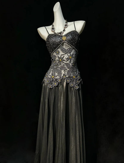 Black Prom Dress Inspo A Line Spaghetti Straps Satin Lace Long Birthday Outfits Formal Party Gown RC0101