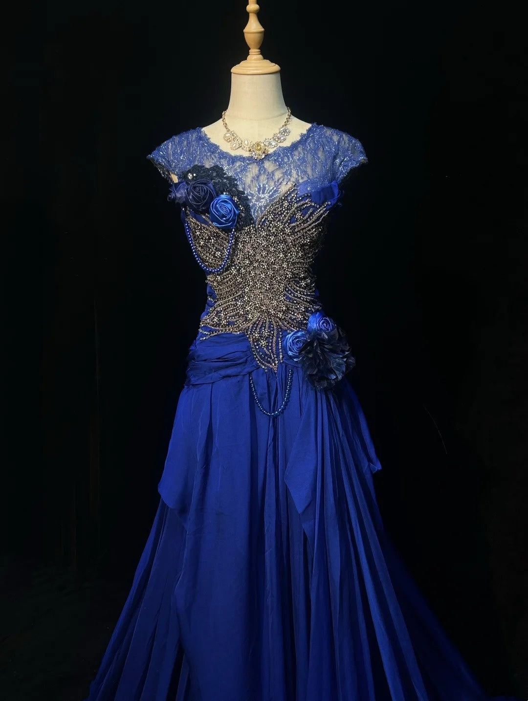 Classy Prom Dresses A Line Scoop Royal blue Chiffon Lace With Beading Long Formal Gown N2916
