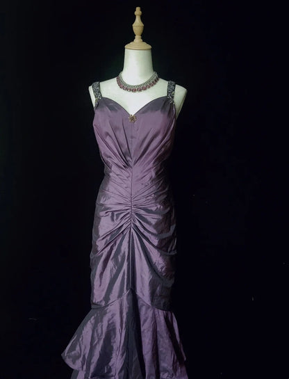 Vintage Prom Dresses 90s Mermaid Sweetheart Purple Taffeta With Beading Ruffle Long Semi Formal Evening Dress N3670