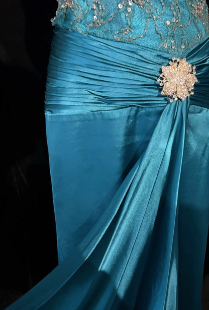 Vintage Prom Dresses Mermaid Spaghetti Strap Blue Satin 1990s Long Formal Evening Gown N2643