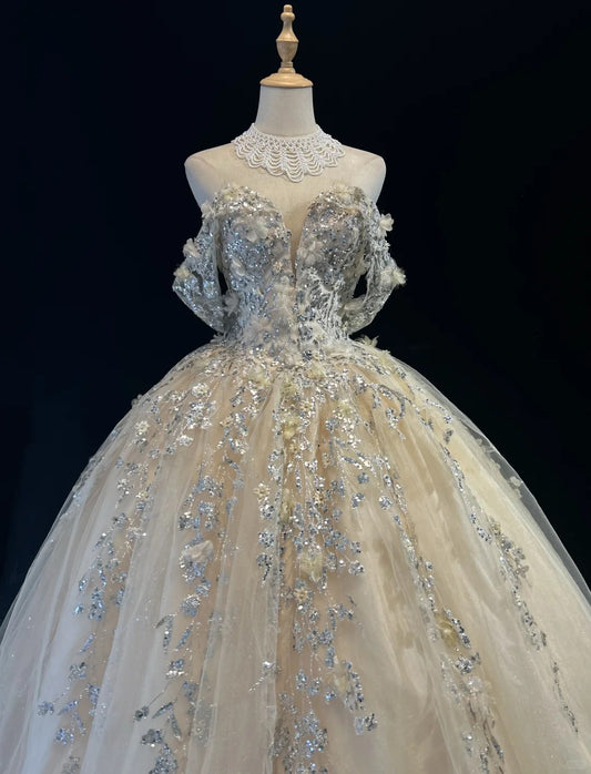 Glamour Prom Dresses Ball Gown Off The Shoulder Champagne With Flowers Formal Evening Outfits N3799